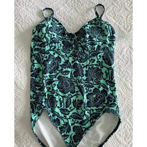 Lands End One Piece Bathing Suit 14L Teal & Navy Floral/Foliage Pattern Like New